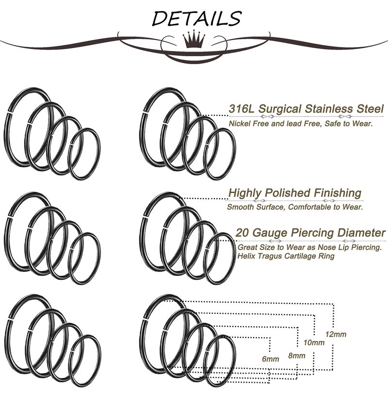 Masedy 24Pcs 20G 316L Stainless Steel Nose Rings Hoop Tragus Cartilage Helix Piercing Lip Septum Ring Black Bendable - Image 3